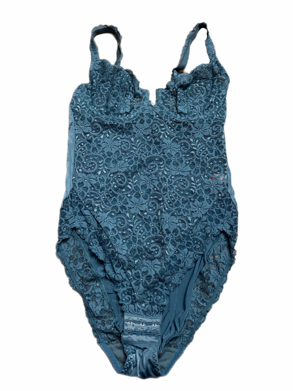 70s European Vintage Triumph Chunky Floral Lace Bodysuit w Charm (Teal) Size M